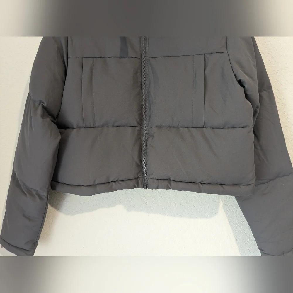Gymshark Grey Oversized Cropped High Neck Full Zip Canvas Puffer Jacket
